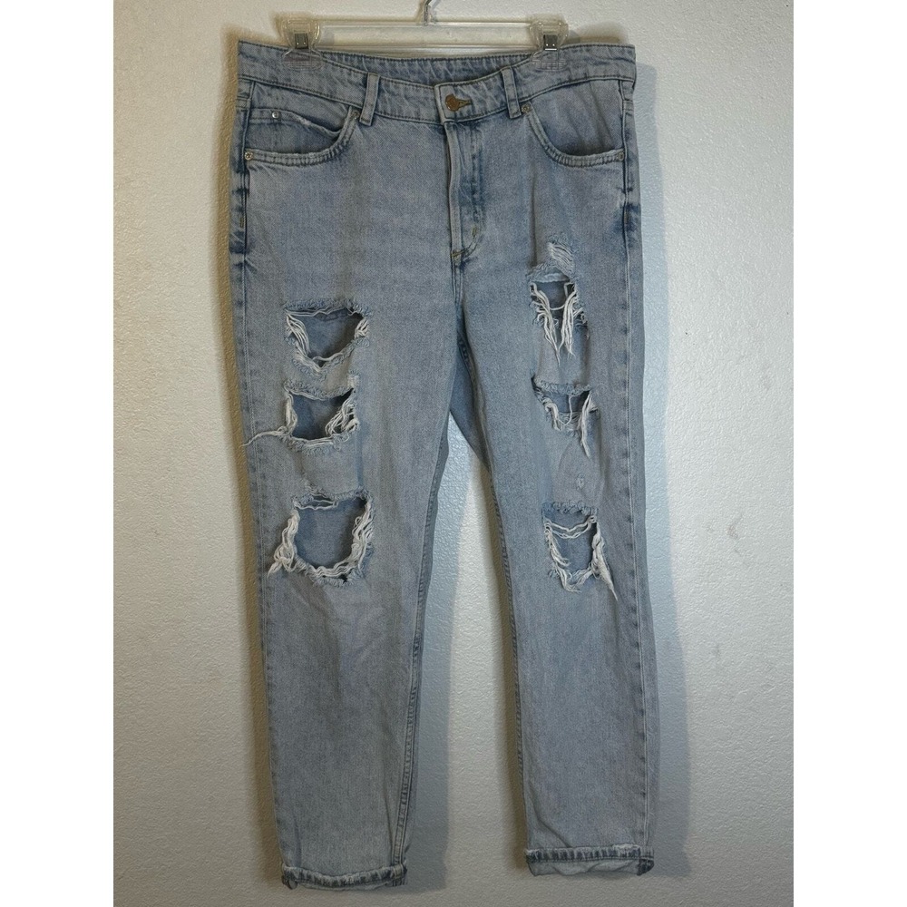 & Denim‎ Womens Boyfriend Jeans Size 8 Light Wash Distressed Ripped Low Waist